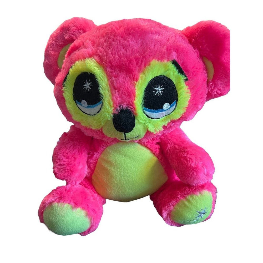Peek A Boo Plush Bear Koala Hot Pink Neon Yellow Sewn Eyes Embroidered Foot